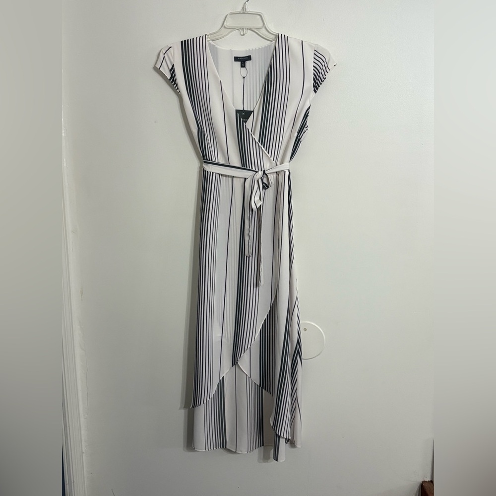 Madison Asymmetrical Faux Wrap Striped Dress - Gray and White NWT